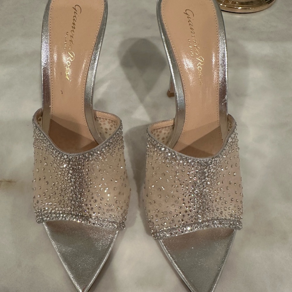 Gianvito Rossi Silver and Cream Embellished Heels